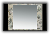 Japanese mirror
Made of art glass, mirrored glass, enamels, murrine, glass and silver pearls, curved wooden surface
sold, private collection
Size: 50x50 – border: 8,5
